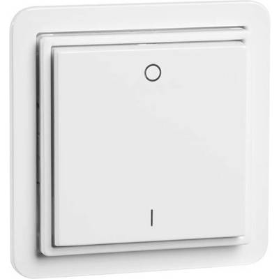 Weißer Lichtschalter an einer Wand, zeigt den Ein-Zustand an.