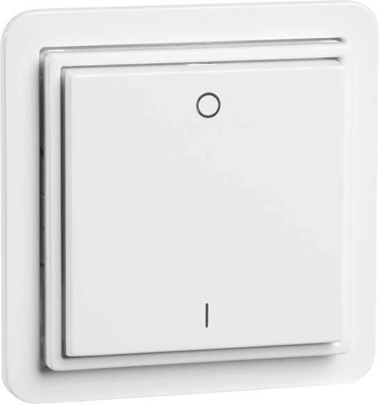 Ein weißer Wandschalter in der Aus-Position vor einem neutralen Hintergrund. Der Schalter ist quadratisch mit abgerundeten Ecken.