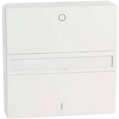 Ein weißer elektrischer Schalter mit rechteckiger Form, mittlerem Druckknopf und unterem transparentem Fenster. Geeignet für Innenanwendungen.
