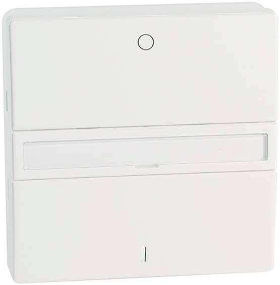 Ein weißer elektrischer Wandschalter mit einem einzelnen Knopf und einem transparenten Fenster im unteren Bereich zur Anzeige.