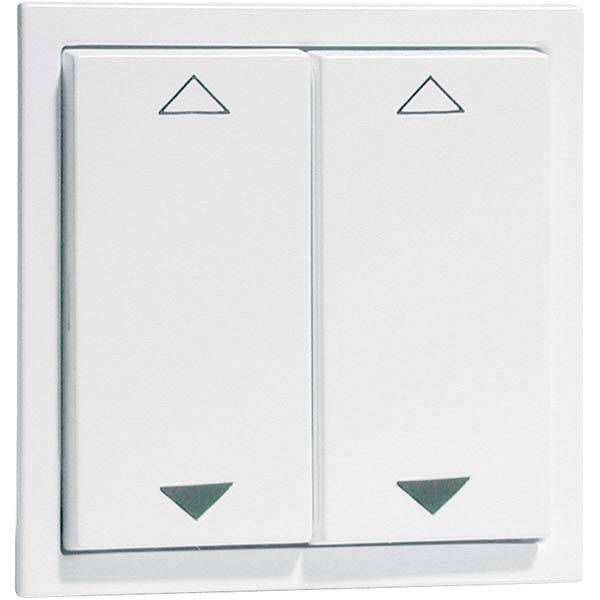 Zwei weiße Kippschalter nebeneinander, jeweils mit dreieckigen Symbolen nach oben und unten, zur Steuerung von Rollos oder Jalousien.