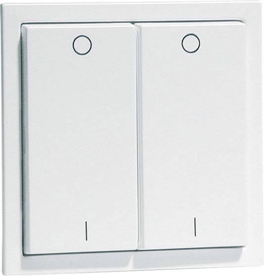 Zwei weiße, rechteckige Lichtschalter nebeneinander an einer Wand. Jeder Schalter hat einen kleinen runden Punkt oben und eine Linie unten.