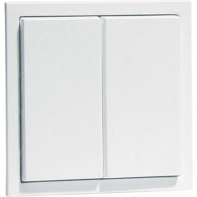 Ein weißer zweifacher Lichtschalter an einer Wand, beide Schalter in der Aus-Position.