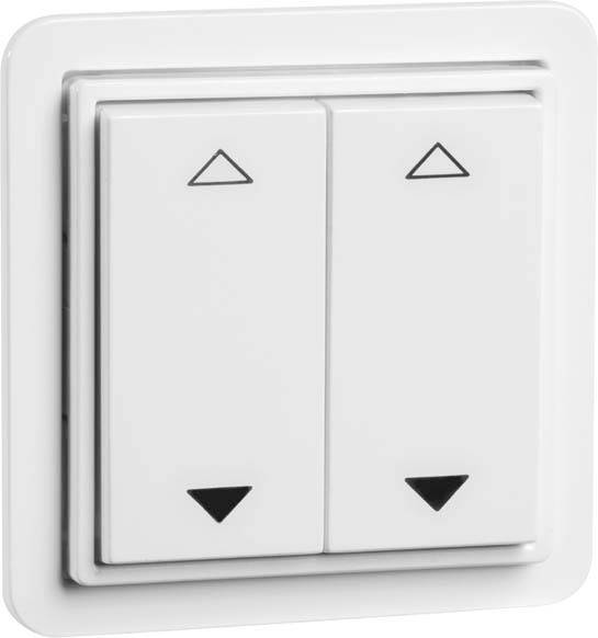 Zwei weiße Wandschalter mit auf- und abwärts gerichteten Pfeilen, typischerweise zur Steuerung von elektrischen Jalousien.