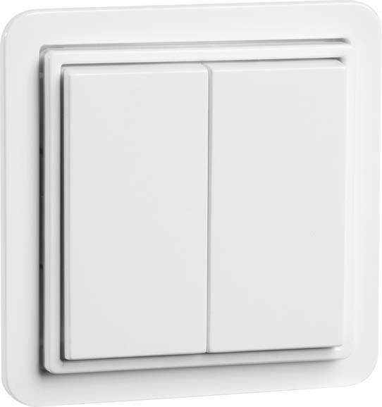 Ein einfacher, weißer Doppelschalter an der Wand, geeignet zur Steuerung von zwei separaten Stromkreisen in einem Raum.