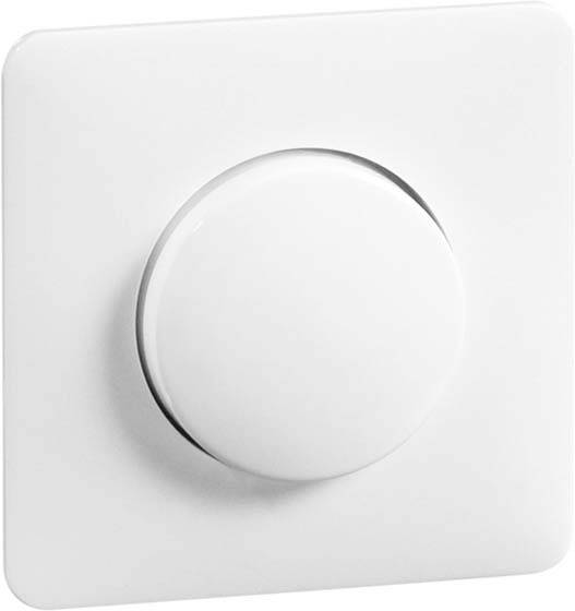 Weißer Lichtdimmer auf quadratischer Platte, zeigt die Vorderseite mit einem runden Knopf.