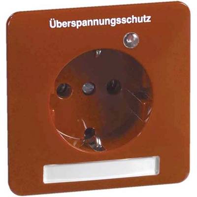 Ein roter Steckdosenadapter mit der Aufschrift 'Überspannungsschutz', bei dem eine Kontrollleuchte vorhanden ist.