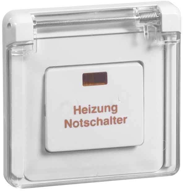 Weißer Wandschalter mit der Aufschrift 'Heizung Notschalter' und rotem Licht, das anzeigt, ob er aktiv ist.