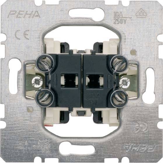 Metallschalterunterteil mit zwei schwarzen runden Druckknöpfen, geeignet für 10A-250V. Markierungen 'PEHA' und 'CE' sichtbar.