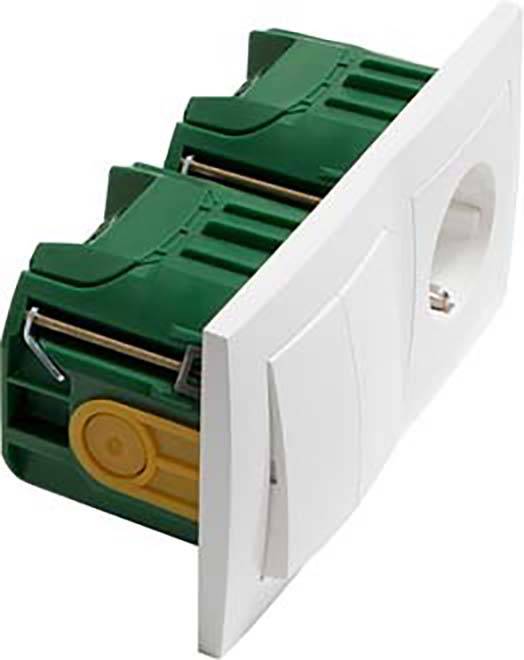 Zweifache Unterputzsteckdose mit einem grünen und einem gelben Befestigungsmechanismus, geeignet für die Wandmontage.