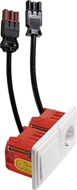 Elektrosteckverbinder mit zwei Kabeln, einer rot und einer schwarz, vor weißem Hintergrund.