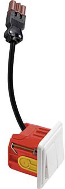 Ein rotes elektrisches Bauteil mit Kabelanschluss und weißem Hebel, vermutlich ein Schalter oder Stecker, für elektronische Anwendungen.