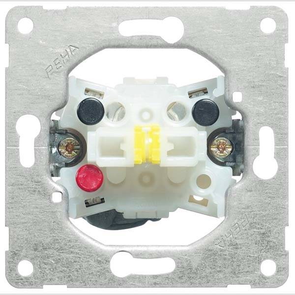 Ein elektrischer Schalter mit sichtbaren Kabelanschlüssen. Die rechteckige Metallbasis hat Löcher zur Befestigung.