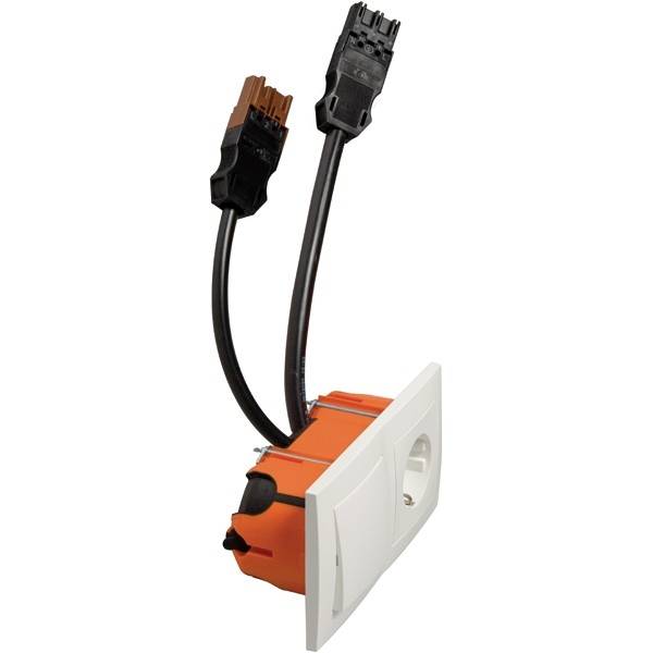 Ein orangefarbener elektrischer Unterputz-Anschluss mit zwei schwarzen Kabeln, montiert auf einer weißen Kunststoffplatte.