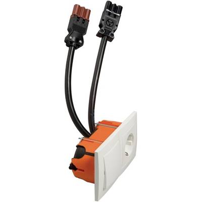 Orange Schuko-Einbaudose mit zwei schwarzen Kabeln und Steckverbindern.