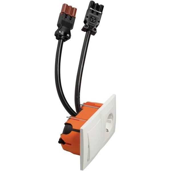Elektrische Komponente mit zwei Kabeln und Steckverbindungen. Sie ist in ein orangefarbenes Gehäuse eingebaut, sichtbare Vorderansicht.