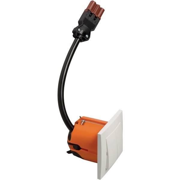 Ein orange-weißes elektrisches Gerät mit Kabelanschluss, das zur Installation in Wänden dient. Hauptsächlich für Schalter oder Steckdosen.