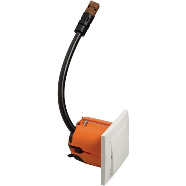 Elektrischer Bodensensor mit orangefarbener Box, schwarzen Kabeln und weißer Abdeckung, verwendet zur Bodenheizung.