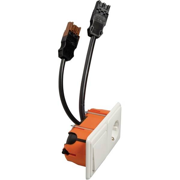 Ein orangefarbener elektrischer Schalter mit zwei schwarzen Kabelverbindungen.