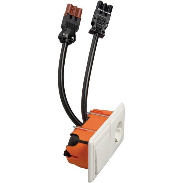 Elektronische Steckverbindung mit zwei Kabeln, rot und schwarz, die aus einem weißen, rechteckigen Gehäuse herausragen. 