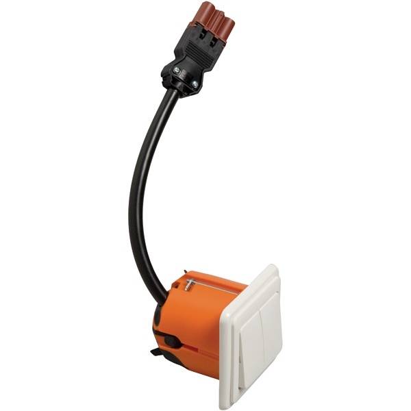 Ein orangefarbener Einbauschalter mit schwarzem Netzkabel und rotem Stecker, bereit zur Installation.