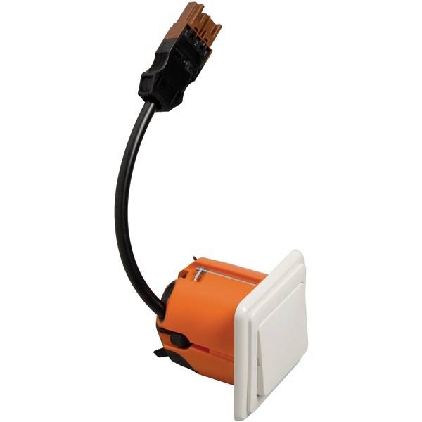 Leuchteinsatz mit orangefarbenem Gehäuse und weißem Schalter. Der Schalter ist an einem schwarzen Kabel befestigt.