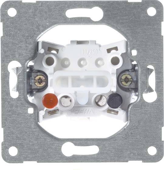 Ein elektrischer Lichtschalter-Einsatz ohne Abdeckung, montiert auf einem Metallrahmen. Schraubklemmen für Kabelverbindungen sichtbar.
