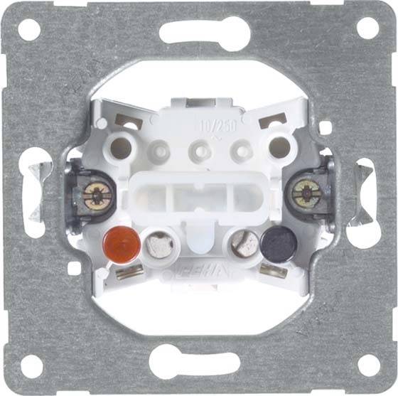 Abgebildet ist ein elektrisches Steckdosenmodul in einer Halterung, mit sichtbaren Schraubanschlüssen und Kabelverbindungen.
