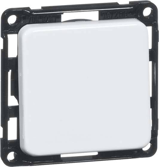 Quadratischer Lichtschalter mit weißer Oberfläche und schwarzem Rahmen.