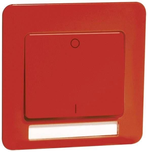 Ein roter Lichtschalter mit einem dezenten weißen Paneel darunter. Der Schalter hat eine kreisförmige Markierung oben und eine Kerbe unten.