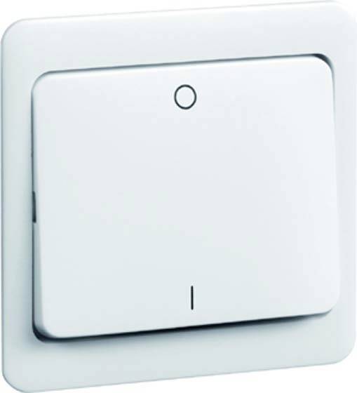 Ein weißer Lichtschalter an einer Wand, in die Aus-Position gekippt, mit kleinem Kreis zur Markierung.