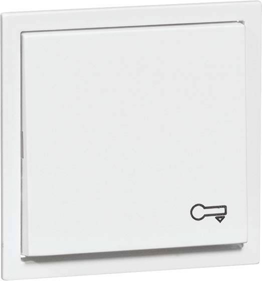 Ein weißer Lichtschalter mit einem kleinen Schlüssel-Symbol in der unteren rechten Ecke, das auf eine Sicherheitsfunktion hinweist.
