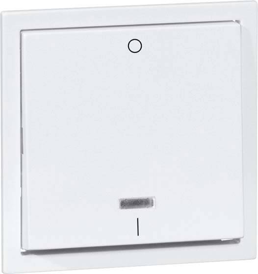 Weiße Lichtschalterplatte mit kleinem schwarzen Punkt oben und horizontalem Balken unten, deutet Ein/Aus-Schalter an.