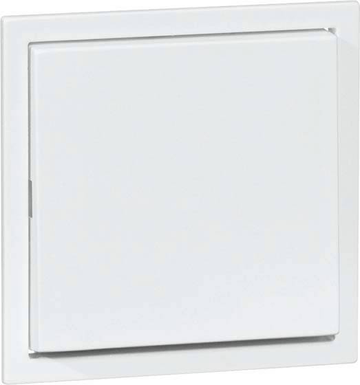 Ein heller Lichtschalter mit quadratischem Rahmen, an einer weißen Wand montiert. Der Schalter befindet sich in der Aus-Position.