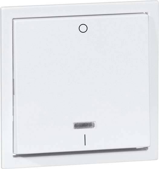 Ein weißer Lichtschalter mit rechteckigem Rahmen, mittig ein kleiner Kreis, unten ein schwarzer Strich als Ein-/Aus-Kennzeichnung.