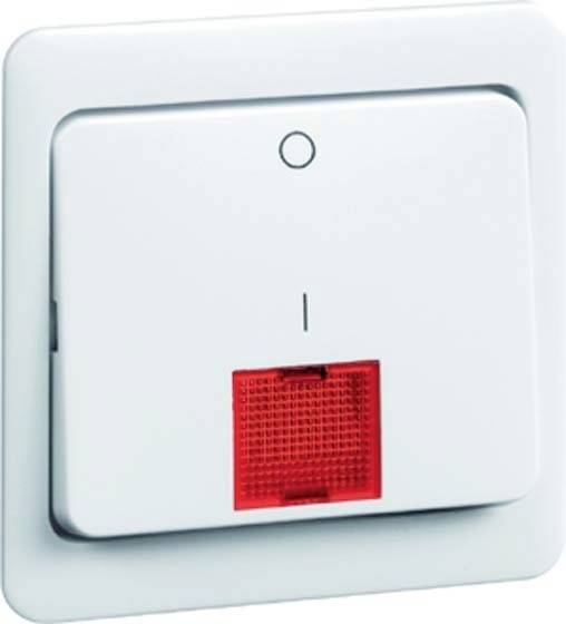 Weißer Lichtschalter mit roter Kontrollleuchte, die anzeigt, ob das Licht eingeschaltet ist.