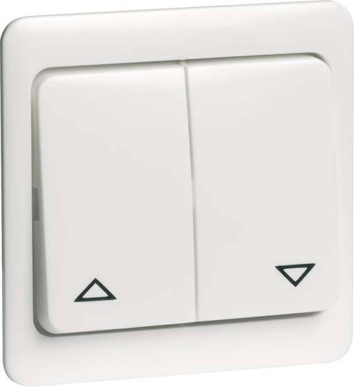 Ein weißer Doppeltaster zur Steuerung eines Geräts, vermutlich eines elektrischen Rollladens, mit Pfeilmarkierungen nach oben und unten.