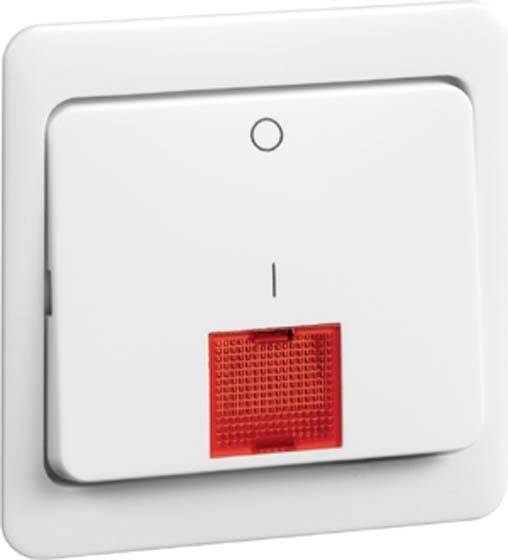 Ein weißer Lichtschalter mit einer roten Kontrollleuchte, die anzeigt, dass der Schalter eingeschaltet ist.