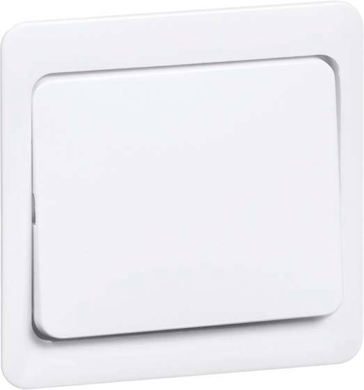 Ein weißer Lichtschalter an einer Wand, in der Aus-Position.