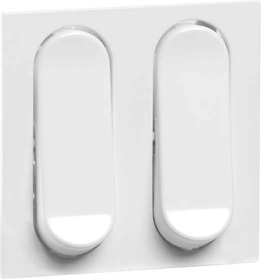 Zwei weiße Lichtschalter nebeneinander auf einem rechteckigen, weißen Schaltpanel.