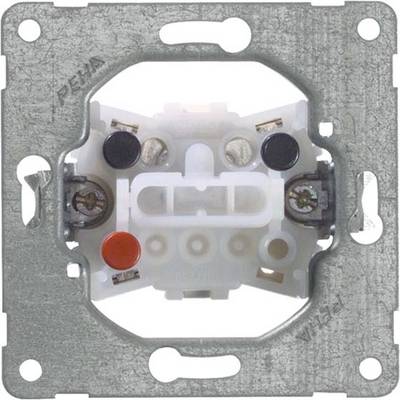 Unterputz-Lichtschalterrahmen aus Metall mit Plastikmechanismus; Schrauben sichtbar; verwendet in Elektroinstallationen.