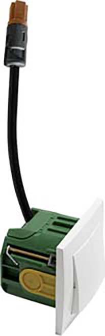 Elektrischer Wippschalter mit grünem Gehäuse und schwarzem Kabel. Schalter ist in neutraler Position.