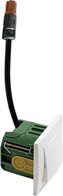 Ein grüner Einbauschalter mit weißer Kappe und schwarzem Kabel für elektrische Installationen.