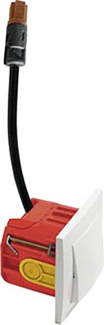 Elektrischer Wippschalter, rechteckig, mit rotem Gehäuse. Ein schwarzes Kabel mit Stecker ist oben angebracht.