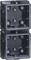 Zwei schwarze Kunststoffdosen, übereinander montiert, mit mehreren runden Befestigungspunkten und Öffnungen an den Seiten für Kabeldurchführungen.