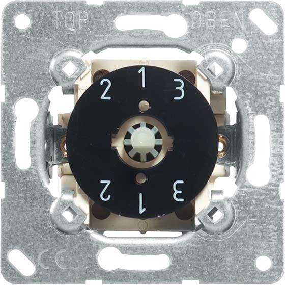 Elektrischer Drehschalter mit Metallrahmen, Zahlen 1 bis 4 auf der schwarzen Scheibe markiert.