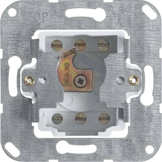 Metallrahmen einer elektrischen Gerätehalterung mit Schraublöchern und zentraler mechanischer Komponente.