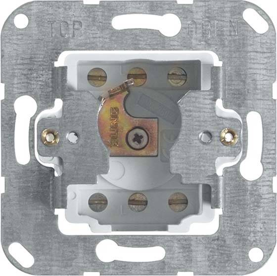 Metallrahmen für Lichtschaltermontage mit Schraubhalterungen und zentraler Befestigungsöffnung. Oberseite mit 'TOP'-Markierung.