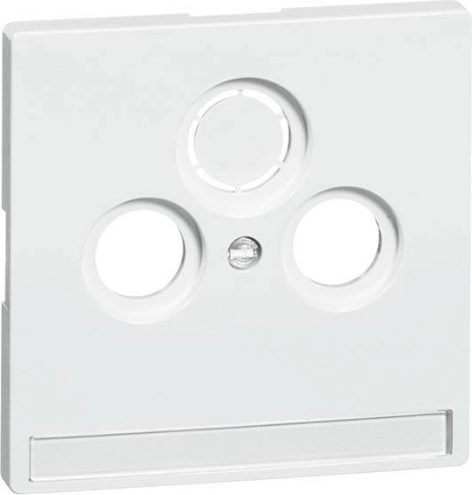 Eine weiße Abdeckplatte mit drei runden Öffnungen und einer kleinen Schraube in der Mitte für TV-Anschlussdosen.