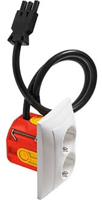 Eine rote Elektrodose mit einem schwarzen Kabel und einer weißen Abdeckung mit zwei Steckdosenlöchern.